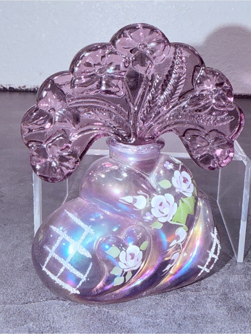 Fenton Iridescent Amethyst Glass Hand Painted Signed Perfume Bottle W Stopper